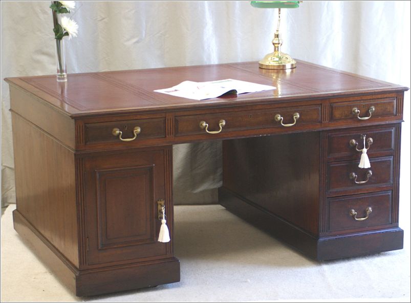 1028 Antique Mahogany Partners Desk with Brass Handles (3)